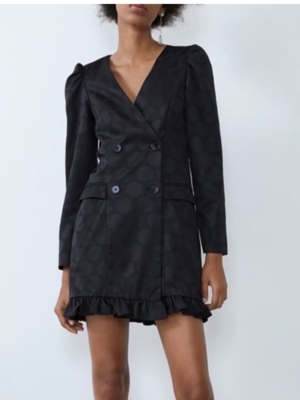 Zara Black Double-Breasted Ruffle-Hem Long Sleeve Dress